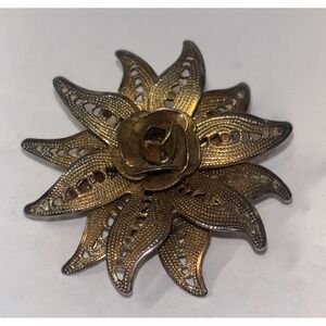Vintage Gold Tone Filigree Flower Brooch Rose Center 3D Pin Art Deco Style